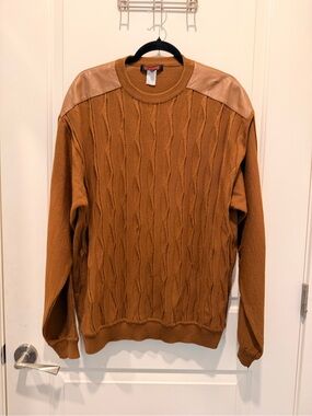 Torras Men's Brown Cable Knit Pullover Sweater with Leather Shoulder Size L